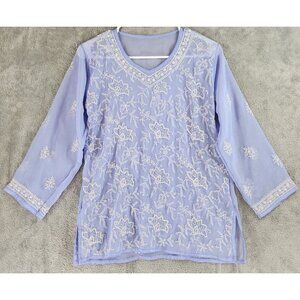 Womens Shirt Medium Purple Floral Embroidered Sequined 3/4 Kurta Style Sleeve